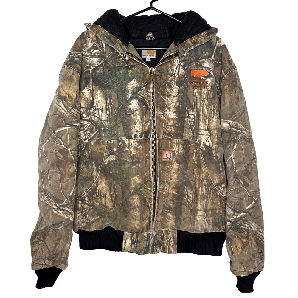 Vintage Carhartt RealTree Camo Hooded Workwear Jacket J221977 Men's Size L USA